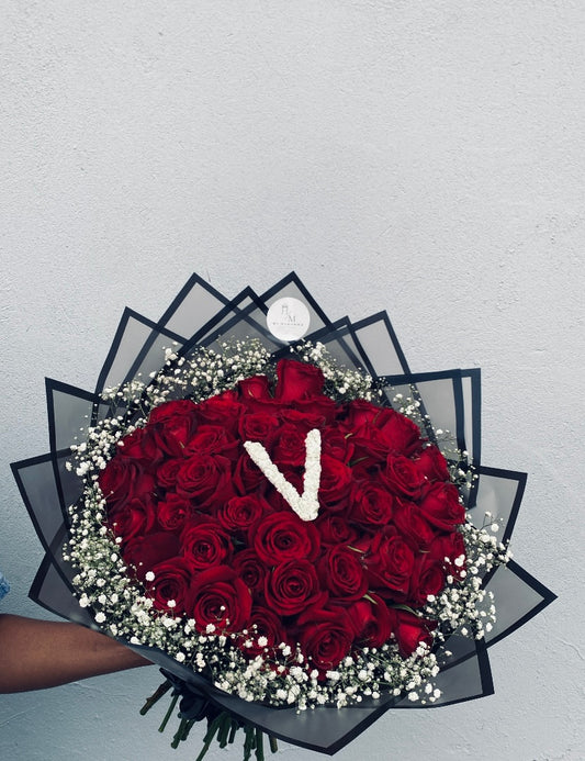 Red Roses with Baby Breath & Initial