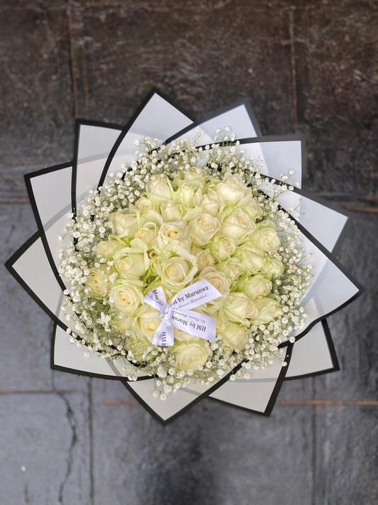 40 White Roses with Baby breath